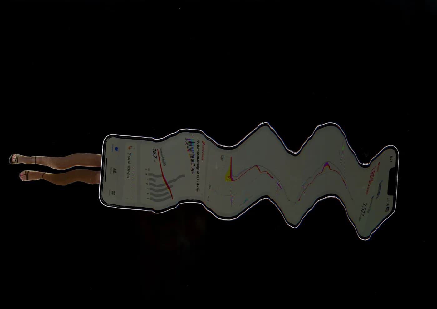 A health app screen smeared into a waveform