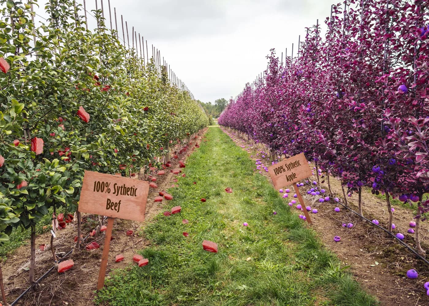 An orchard with signs reading 100% Synthetic Beef and 100% Synthetic Apple