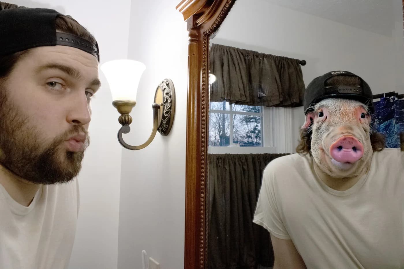A man looking into a bathroom mirror where his reflection has a pig's face under his cap