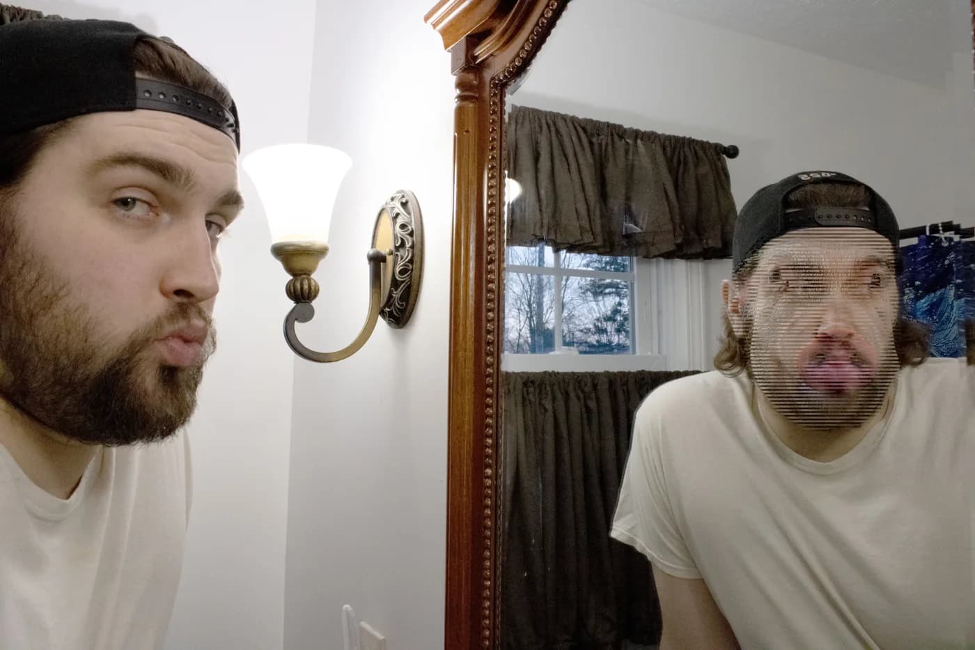 A man looking into a bathroom mirror where his reflection is merged with an AI pig face through fine vertical lines