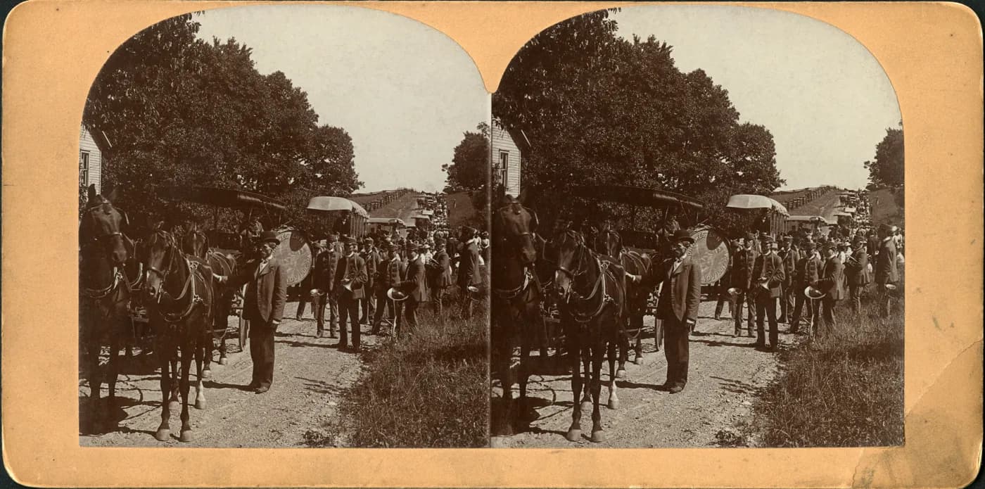 A restored 1800s stereograph of a man and horse parade