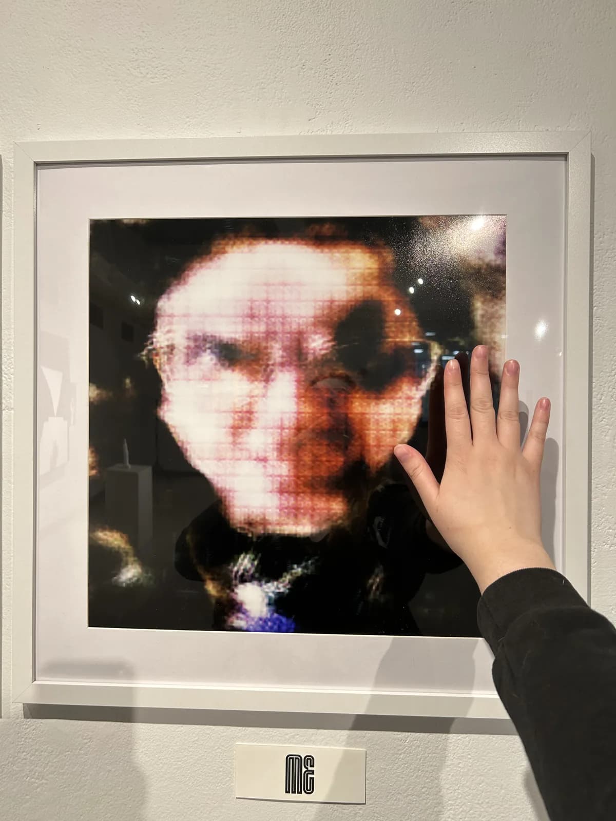 Pallas's hand resting on the frame of the ME portrait